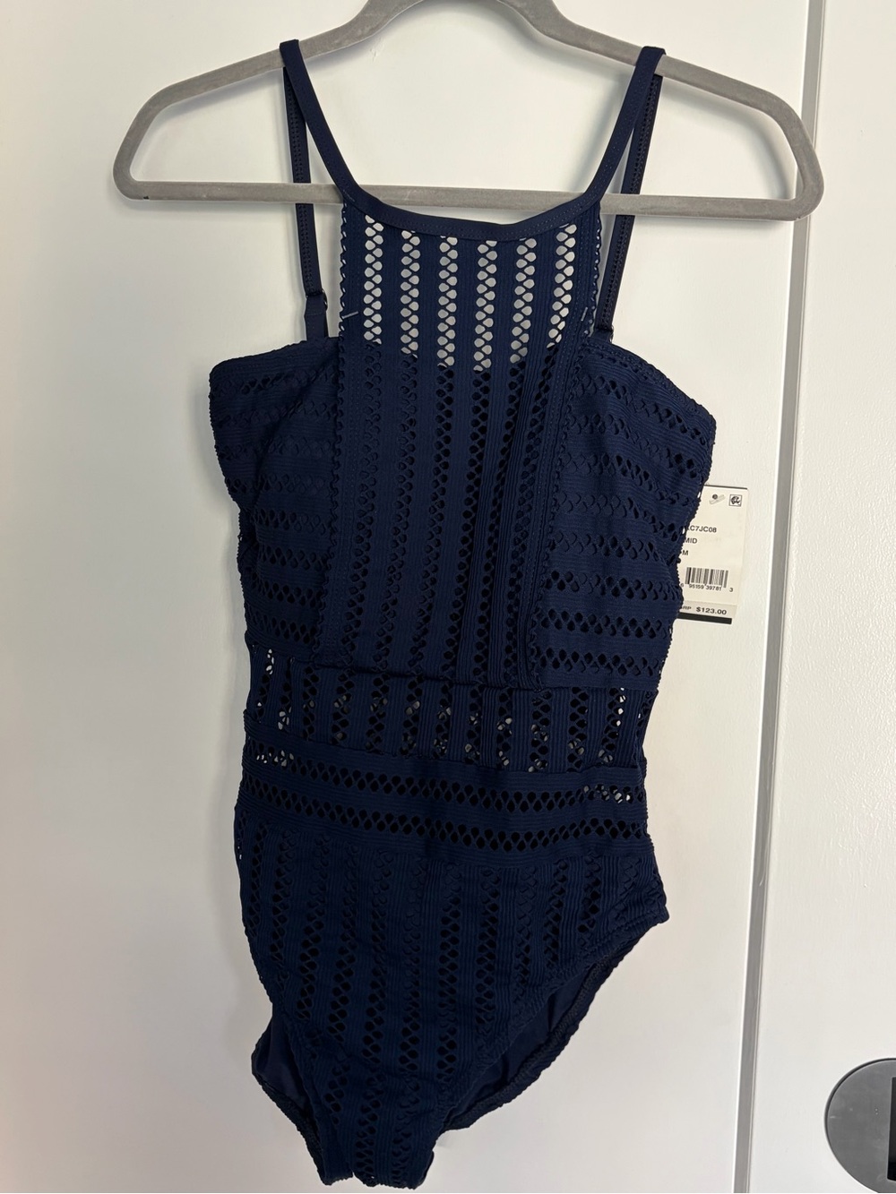 NWT Kenneth Cole Navy Crochet One-Piece Swimsuit
